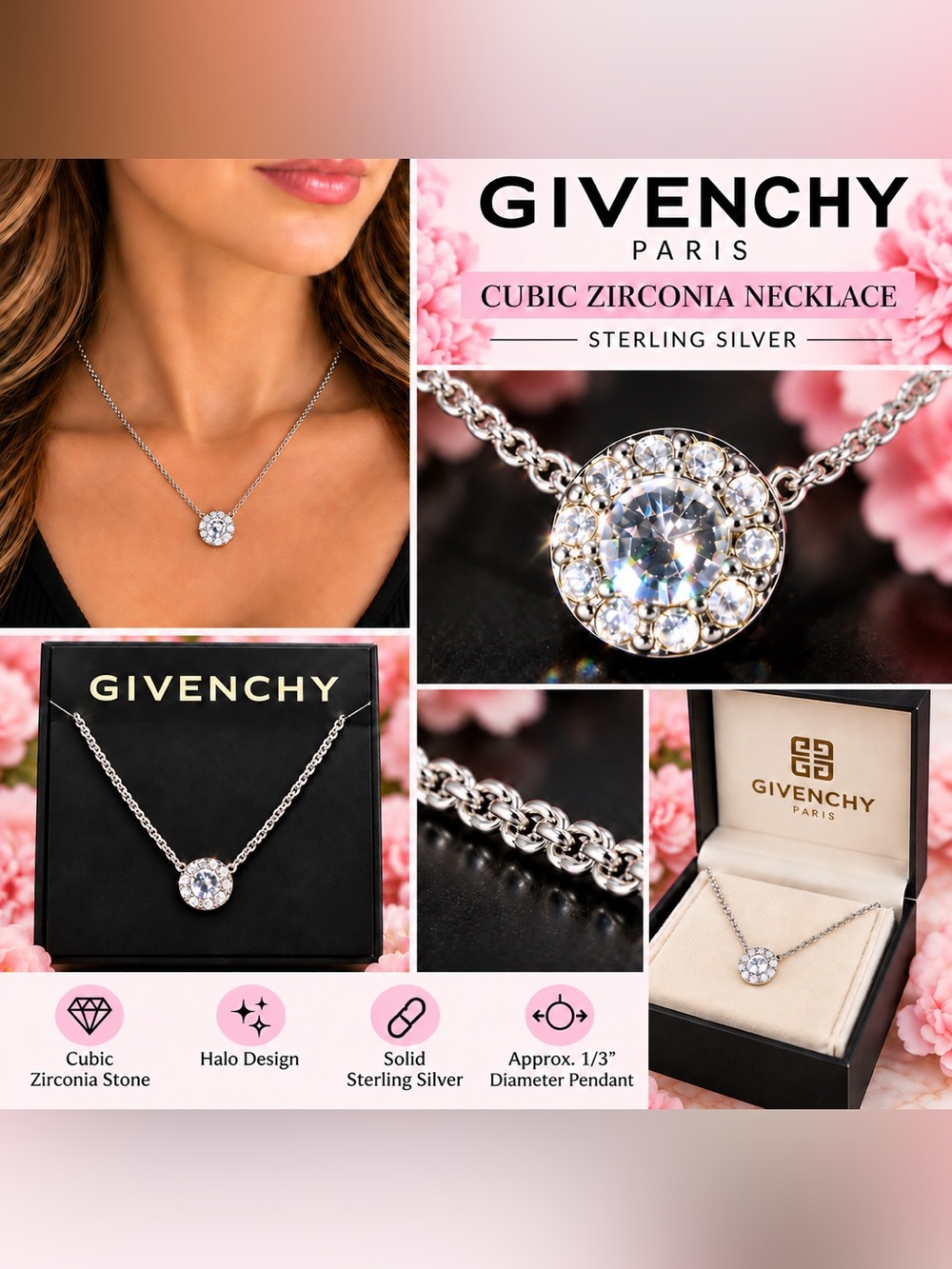 NWOT Givenchy Stone & Crystal Halo Pendant Necklace & Stud Earrings Set - Silver